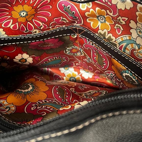 Black Pebbled Genuine Leather Crossbody Bag Many Zippered Pockets Floral Lining - Picture 16 of 16